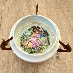 Antique Sevres French Porcelain Bowl on Gilt Bronze Stand, Boucher Signed Garden